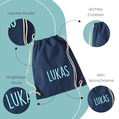 minimutz personalisierter Turnbeutel mit Namensdruck zum Zuziehen | bedruckt mit Namen für Jungen & Mädchen | Zuziehbeutel Stoffbeutel in vielen Farben (Dunkelblau)