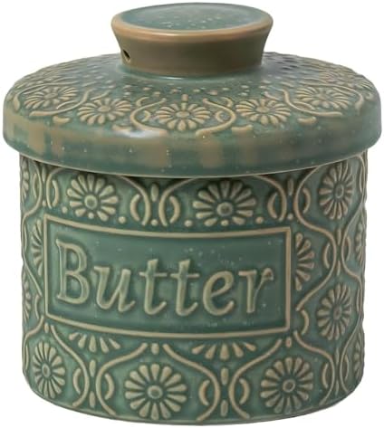 Ceramic Butter Crock with Lid, French Butter Dish with Water Line for Countertop, Butter Keeper for Spreadable Butter, Container Holder for Kitchen and Home Decor, 6.7 OZ, Vintage Green