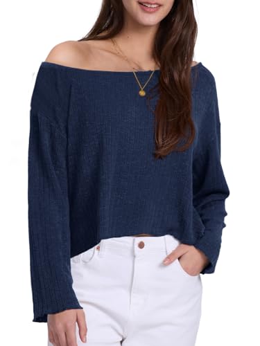 Image of Womens Long Sleeve Crop Tops Off Shoulder Cropped Shirts Loose Casual Y2k Tops Basic Tees Fall Sweaters for Women