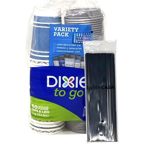 DuraCasa Straws and Dixie To Go Perfectouch Paper Cups and Lids Combo Pack of 60 Count, 12 ounce, Hot Beverage Cups & Lids, Assorted Designs, Disposable Paper Coffee Cups & Lids (60 Count, 12 Ounce) Cover