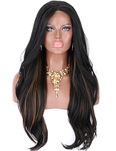 Kalyss 26 Inches Women’s Body Wavy Black Wigs with Highlights Premium Yaki Futura Synthetic Hand Tited Ear to Ear Soft Lace Front Wigs for Women Natural Looking Lace Middle Parting Hairline Daily Wear