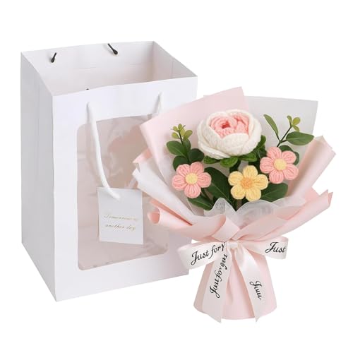 MXYZQDE 1 Stück Gehäkelte Blumen Rosa Rosen Häkelblumenstrauß Flower Häkelblumen Handgefertigte Dekoration Fake Blumenstrauß für Festliche Anlässe Mit Verpackung