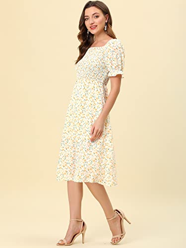 Image of Allegra K Women's Cottagecore Floral Dress Puff Sleeves Smocked Midi Dresses