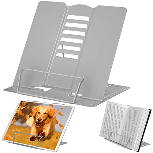 Desk Book Stand Metal Reading Rest Book Holder Adjustable Cookbook Documents Holder Portable Sturdy Bookstands for Recipes Textbooks Tablet Grey