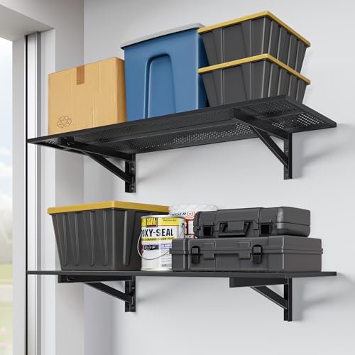 Jusgym 2 Pack Heavy Duty Garage Wall Shelving (1.5x4ft) 700lbs Capacity Garage Shelving Wall Mounted 18x96Garage Storage Rack Floating Shelves Black