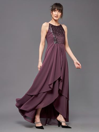 Image of Miss Chase Women's Round Neck Sleeve Embellished Fit Flare Maxi Dress