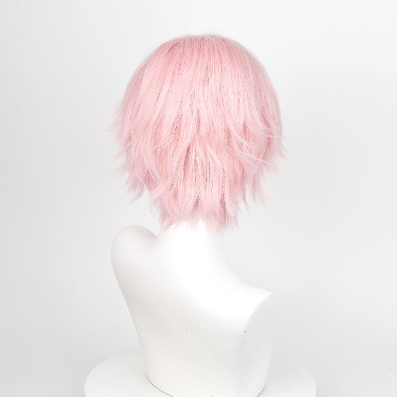 Image of LABEAUTE Unisex Short Light Pink Cosplay Wig Male Man Woman With Bangs Anime Fluffy Cosplay Hair Wigs for Party and Halloween for Gift + Free Cap