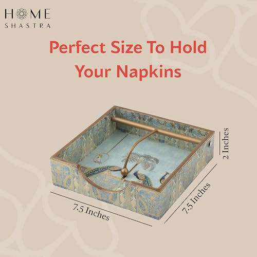 Image of Wooden Napkin Holder with Gold Engraving | Pack of 1 | Size : 7.5 x 7.5 inch | Enamel Coated Waterproof | Tissue Holder for Dining Table | (Blue Peacock Napkin Holder)