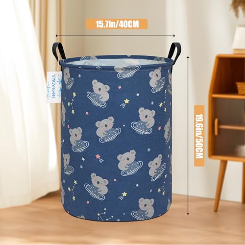 Image of Round Laundry Basket Collapsible Storage Hamper Organizer Space Koala | Waterproof Canvas Foldable Baskets with sturdy Handles Multi-scene Organizer for Home Play Bedroom Gift Bin