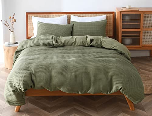 Moonline Duvet Cover Set,Textured Waffle Weave Olive Green Sage Duvet Cover Queen Size,Soft And Breathable Duvet Cover With Corner Ties (Queen, Olive Green) #TOP7