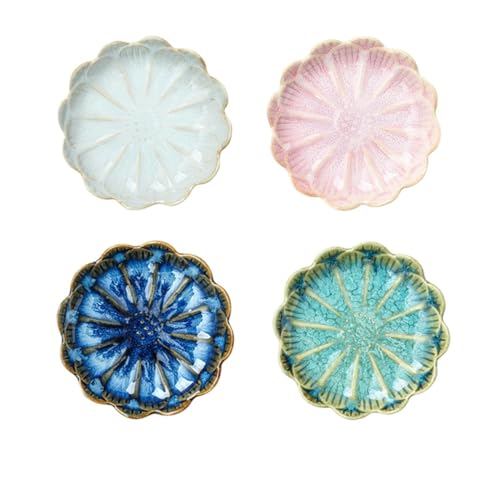 Hrzisda 小皿 蓮華皿 和食器 おしゃれ 日本製 陶器 キムチ皿 醤油皿 ディナー皿 ミニ食器 ハーブ皿 前菜皿 ハーブボックス 納豆食器 皿 お皿 取り皿 寿司屋 業務用 家庭用 (ロータスディスク - 同じスタイル4色)