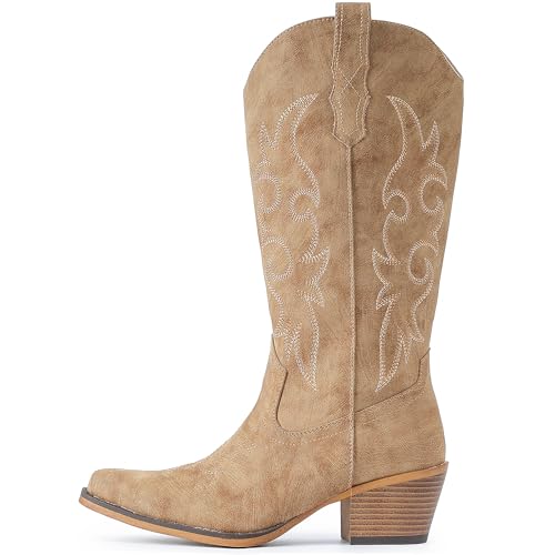 IUV Cowboy Boots For Women Western Cowgirl Boots Mid Calf Snip Toe Boot With Chunky Heel4