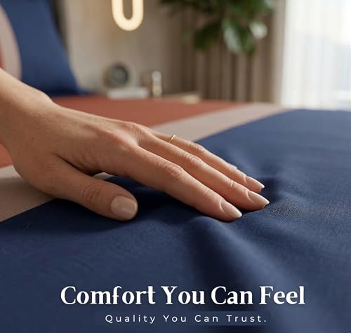 Image of VAS COLLECTIONS Premium Cotton Bedsheet for Double Bed with 2 Pillow Covers - Soft, Breathable & Wrinkle Resistant Cotton Bedding Set, King Size Bed Sheet 90 x 100 Inches (Navy Orange)