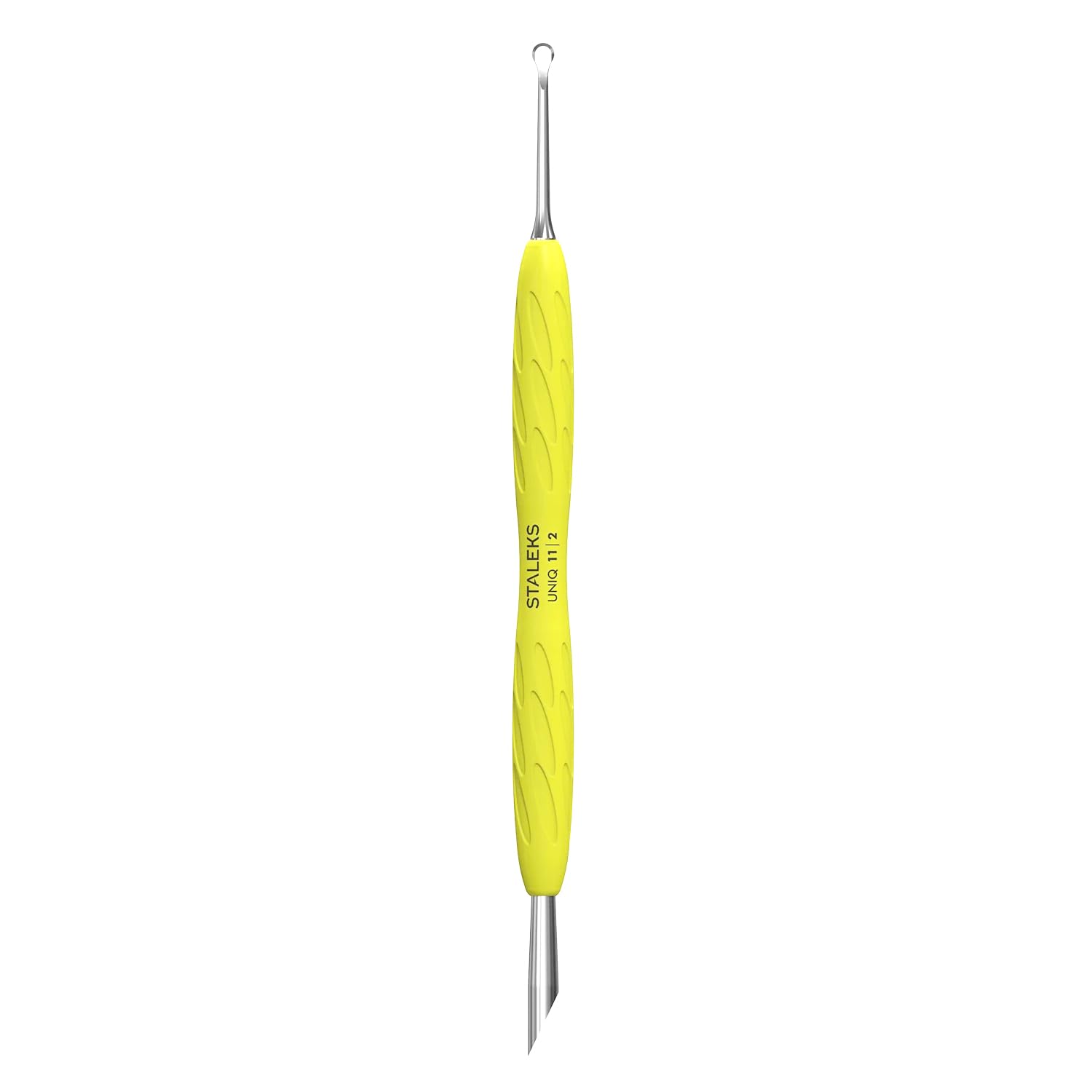 Staleks UNIQ PQ-11/2Y Spinta cuticole doppio professionale manico in silicone giallo – strumento manicure pedicure acciaio inossidabile sterilizzabile (anello + spinta obliqua)
