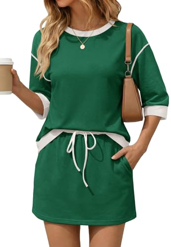 Image of Tankaneo Womens 2 Piece Skirt Sets 3 /4 Sleeve Sweatshirt Lounge Sets | Skort Sets, Color Block, Summer Casual, Matching Sets, Trendy Outfits