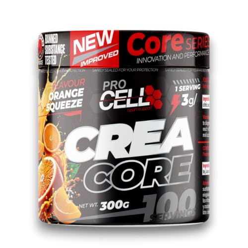Creatina Monohidratada 100% Pura Sin Aditivos y Sin Azucar (300g) - Sabor Naranja - Suplemento Deportivo de Creatina en Polvo para Aumento de Fuerza y Recuperación Muscular - Consumo Diario CreaCore