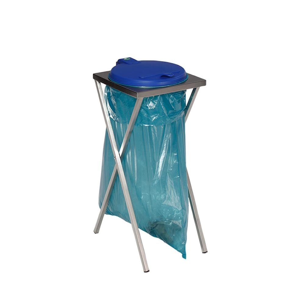 PROREGAL Robuster Scherenständer mit Klemmring | für 120 Liter Sack | HxBxT 90x40x45cm | Edelstahl | Blauer Deckel | Mülleimer Müllsackständer