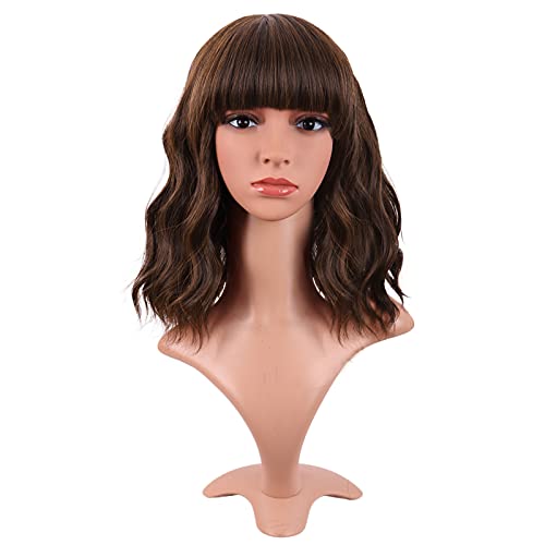 Image of MapofBeauty 14 Inch /35 cm Short Wavy Curly Women Fresh Bright Synthetic Ordinary Flat Bangs Bob Wig (Brown)