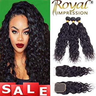10A Brazilian Virgin Natural Wave Hair 3 Bundles with Closure Natural Color Remy Virgin Water Wave Human Hair Ocean Wave Bundles with Lace Closure Free Part (20"22"24"+18"Closure)