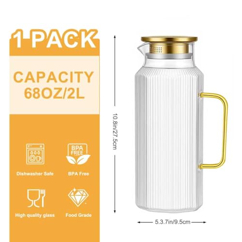 [68 OZ/ 2 Liter] - Achteckiger Glas Karaffe Krug mit Deckel und Auslauf, Klassischer Streifen-Wasserkrug mit Griff… – Ansicht 2