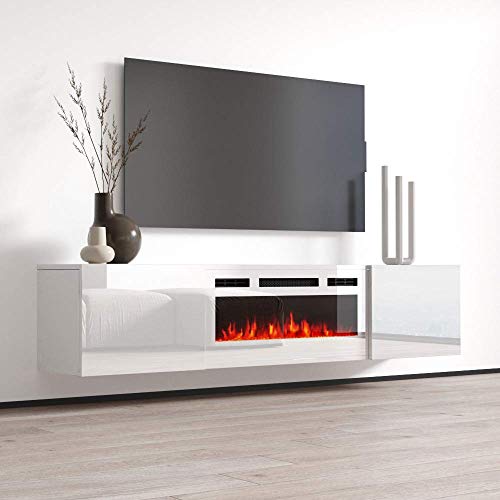 Meble Furniture Cali WH-EF TV Stand with Floating Fireplace - Modern High Gloss TV Stand with Storage Cabinets - Wall Mounted Media Entertainment Center Console Stand for TVs up to 80