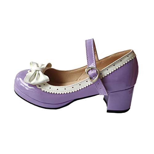 ELFY Women's Cute Lolita Cosplay Shoes Bow Mid Chunky Heel Mary Jane Pumps2