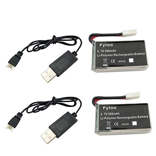 Fytoo 2PCS 3.7V 300mAh Lithium Battery &2PCS USB Charging Cable for X4 (H107C, H107D, H107L), Syma X11 X11C, TDR Spider, HS170 HS170C F180W F180C FX801 V911S A120 XK A150 V966 Quadcopter Spare Parts