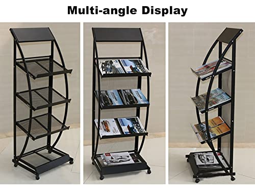4 Bolsillos Floor Magazine Rack Metal, Soporte Robusto del Cartel con Las Ruedas para los hospitales Showrooms, Estante de exhibición del folleto ventilado Uso Comercial Fácil Asamblea