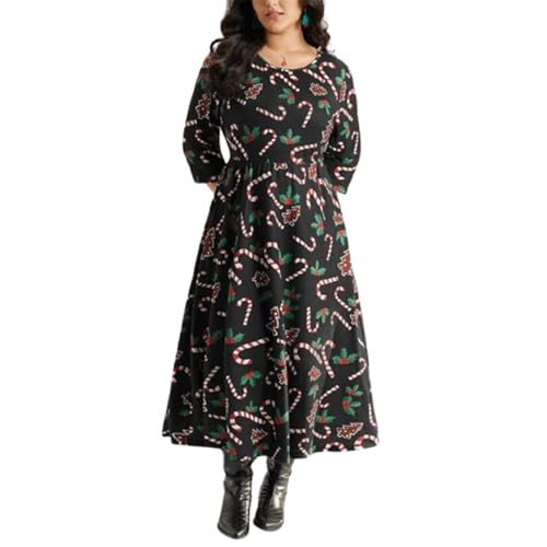 Felcia Weihnachtskleider in Übergröße für Damen, niedlicher Zuckerstangen-Druck, langärmeliges Kleid, elegant, schmal geschnitten, Party,...