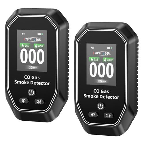 6-in-1 Portable Carbon Monoxide Detectors Plug in, MODOFO TOOL Smoke and Carbon Monoxide Detector with Built-in Battery, Natural Gas Leak Detector, HD Display for CO Gas Smoke Temp Humidity Black 2Pcs