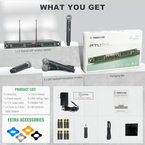 Image of Phenyx Pro 4-Channel UHF Fixed Frequency Metal Wireless Microphone System with 4 Handheld Dynamic Microphones, 260ft Range, for Singing, Church(PTU-5000-4H)