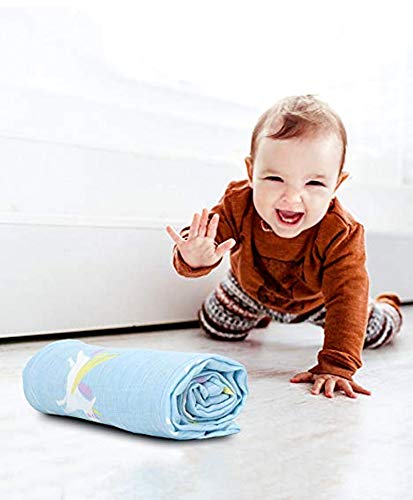 Image of Kassy Pop Printed 6 Layer Bamboo Muslin Blanket Cum Swaddling Towel for Baby, Toddlers | 70% Bamboo, 30% Cotton | AC Quilt, Multi-Purpose Blanket | Toxin Free | 110cm x 110cm (Bluw Unicorn Print)