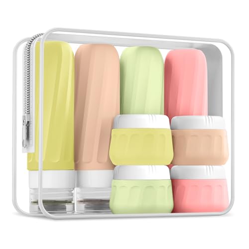 Gemice Botellas de viaje para rellenar, 8 unidades, de silicona, aprobadas por Tsa, 3 oz, contenedores de viaje para artículos de tocador, con bolsa transparente, a prueba de fugas, silicona