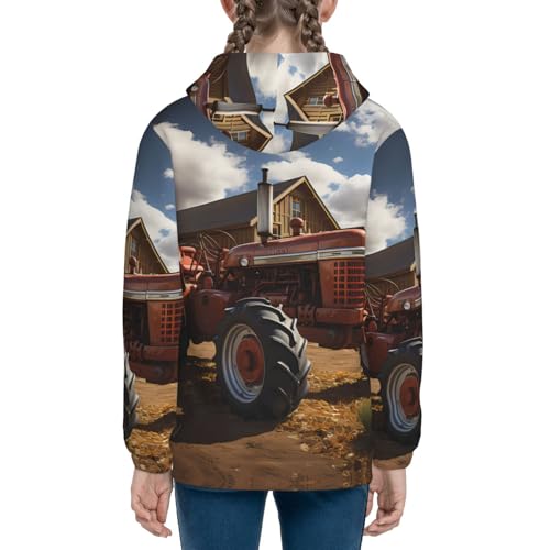 Red Tractor Print Girls Athletic Zip Up Hoodies,Sweatshirts with Pockets Long Sleeve Hooded Jackets, for 7-18 Y4