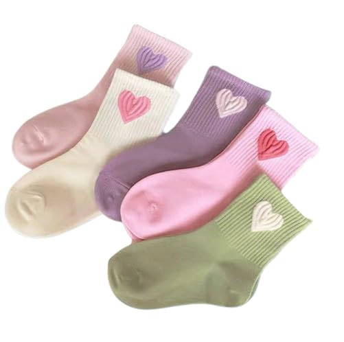 5 Pairs Girls Heart Pattern Socks, Pink Purple Green, Knitted Fabric, Autumn Spring Socks For Children Aged 3-16