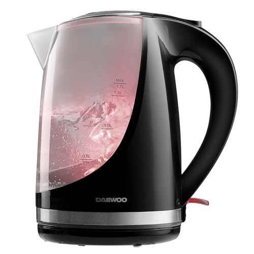 Daewoo 1.7L Cordless Kettle with Stainless Steel Lid – Colour Changing Indicator Lights – Glossy Black Plastic With Safety Locking Lid – Cordless Design – Black