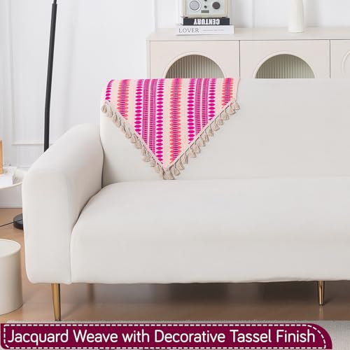 Image of HOKIPO 'Artisan Boho Series' Sofa Backrest Cover with Tassel | 450 GSM Thick Cotton Acrylic Jacquard Fabric Backrest Mat, Size 55x80 cm, Fuchsia Pink (IN-900-A5)