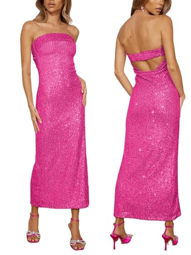 Image of Women Strapless midi Sequin Dresses Bodycon Sleeveless Wedding Guest Sparkly Glitter Formal Cocktail Dress