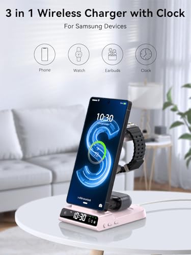 Image of Wireless Charger for Samsung S25 with Clock 3 in 1 Android Charging Station | Charging Station for Galaxy S25 Ultra,Z Flip 7,Fold,Galaxy Bud, Watch Charger for Galaxy Watch 8,7,6,5Pro, Nightstand Charger