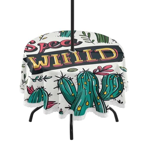 Wajiw 60 Inch Indoor Outdoor Round Tablecloth with Umbrella Hole and Zipper Waterproof Patio Table Cover for Camping Dining Room Party Outdoor Picnic,Cactus