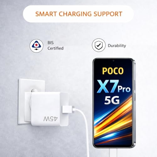 Image of 45W Turbo Fast Charging Adapter with USB Type-C Turbo Charging Cable Compatible with Redmi Note 13, Note 13 Pro+, Redmi 12 5G, 13C, Note 12 Pro, Note 11 Pro, Poco X5 Pro,F4 & X3 Pro (White)