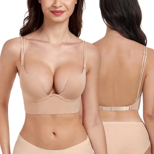 DotVol Damen BH Rückenfrei Multiway BH mit Streifen von Kunststoff Doppelte Träger Push Up T-Shirt Bra Tiefer U-Ausschnitt(Beige 70A)