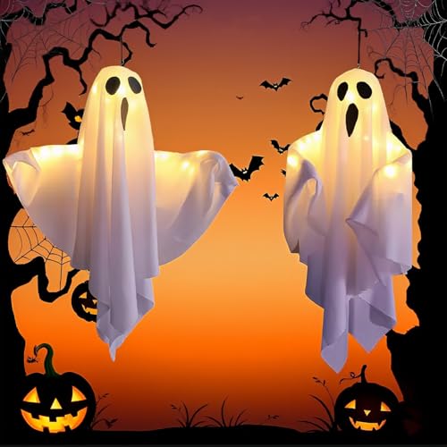 FemKey Decoracion Halloween Fantasma, 2 Piezas Halloween Fantasmas Colgantes con Luces, LED Luces Halloween con 3 Modos de Iluminación, para Exterior, Interior Case, Jardín, Árbol, Patio(Blanco)