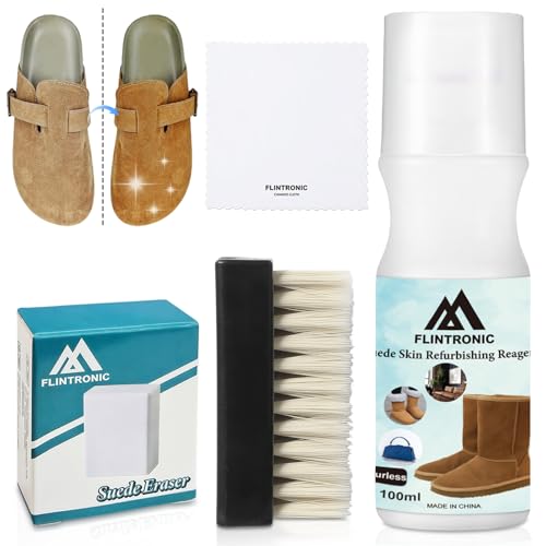 flintronic Kit de Limpieza Zapatillas, Juego de 4 piezas - Suede Eraser, Cepillo, Toalla, Spray Renovador, para Botas, Chaquetas, lona cuero y gamuza