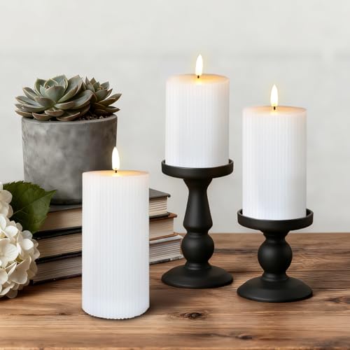 Image of LEDHOLYT Rechargeable Flameless LED Pillar Candles-Luminous Real Wax Indoor Home Decor-Set of 3, Realistic Flickering LED Flame,Remote & Timer, USB-Rechargeable（White）