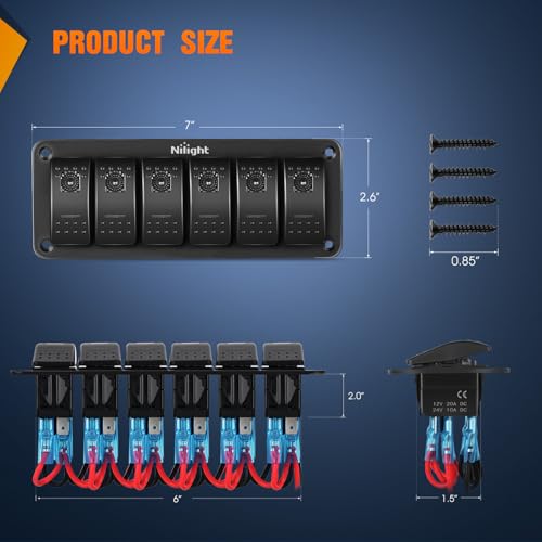 Image of Nilight 6 Gang Rocker Switch Panel w /Purple LED Light 5Pin On Off Pre-Wired | Aluminum Toggle Switches Waterproof for 12V /24V Cars Marine Boats ATVs Trailers RV Trucks