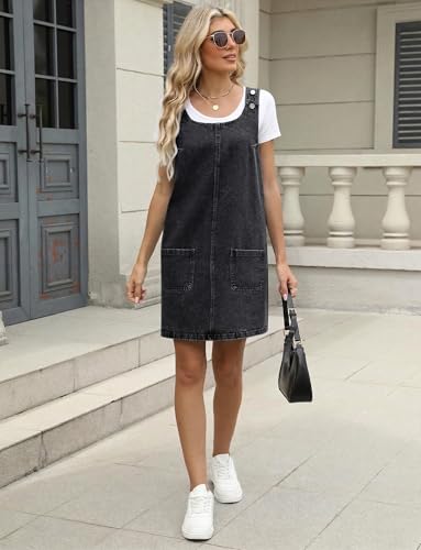 Image of Xaspee Denim Overall Dress for Women Casual Mini Sleeveless Jean Vintage Jumper Skirt Dress with Pockets
