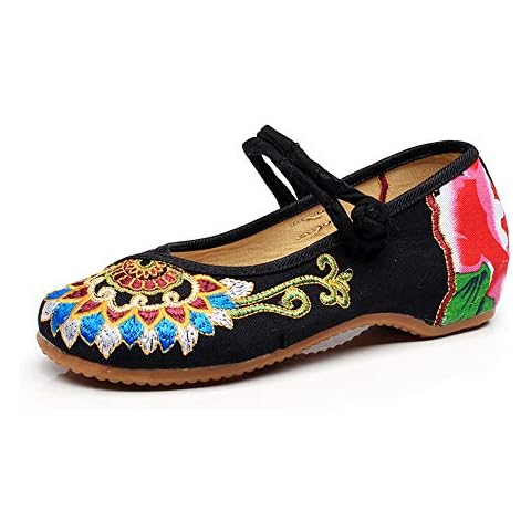BININBOX Floral Handmade Embroidered Shoes for Women Comfortable Loafer Black Casual Round Toe Mary Jane Ballet Flats Shoes(8 B(M) US,Black) Cover