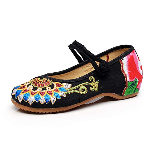 Floral Handmade Embroidered Shoes for Women Comfortable Loafer Black Casual Round Toe Mary Jane Ballet Flats Shoes - Main Image