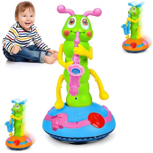 Dancing Saxophone Caterpillar Electric Light up Toys Musical Toys for Baby Dancing Singing Caterpillars Crawling Sensory Toy for Toddler Boys Girls Kids(Random Color)